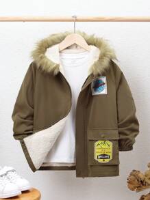 SHEIN 男大童字母圖案毛茸邊連帽加絨內裏外套不帶T恤 - 卡其色 - 查看 6