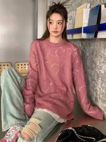 DAZY Solid Drop Shoulder Sweater Without Tee - Pink - View 2