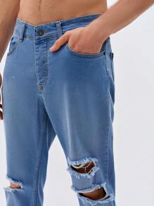 RueChic Men Ripped Straight Leg Jeans - Light Wash - View 7