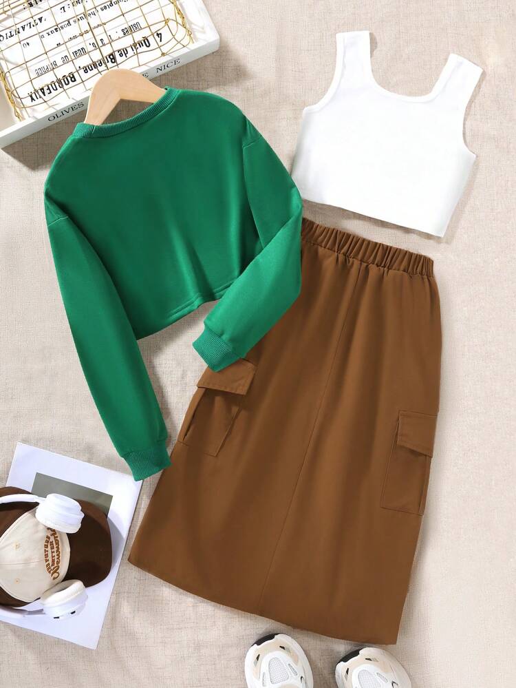 Tween Girl Solid Crop Sweatshirt & Flap Pocket Side Skirt & Crop Tank Top