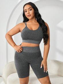 Plus Solid Rib Knit Sports Set - Grey - View 4