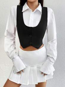 SHEIN EZwear Spring 1pc Button Front Crop Vest Blazer In Fall/Winter - Black - View 3