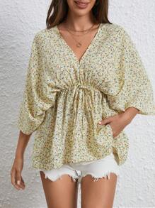 SHEIN VCAY 小碎花蝙蝠袖前打結荷葉邊下擺襯衫 - 彩色 - 查看 5