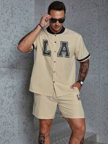 Manfinity Homme 男士大码字母圖案拼接邊襯衫&短褲 - 卡其色 - 查看 4