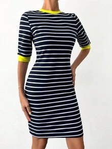SHEIN Cottnline Striped Contrast Binding Dress - Navy Blue - View 4