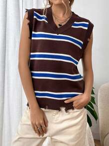 SHEIN Unity Striped Pattern Raw Trim Sweater Vest - Multicolor - View 6
