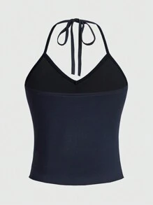 ROMWE Fairycore Contrast Sequin Halter Top - Navy Blue - View 2