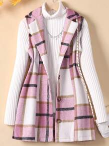 青少年女孩格紋印花外套馬甲 - 粉色 - 查看 1