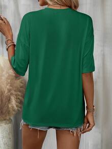 SHEIN LUNE In Chữ & Sao Áo thun Thả vai - Màu xanh lá cây đậm - Xem 2