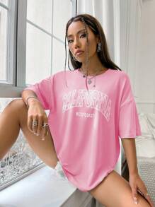 SHEIN LUNE Letter Graphic Drop Shoulder Tee Graphic Tees Women Tops - Pink - View 5