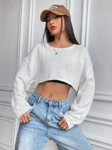 SHEIN Unity Áo len crop tay dài vai rớt, áo len dệt kim mùa thu đông. - trắng - Xem 3