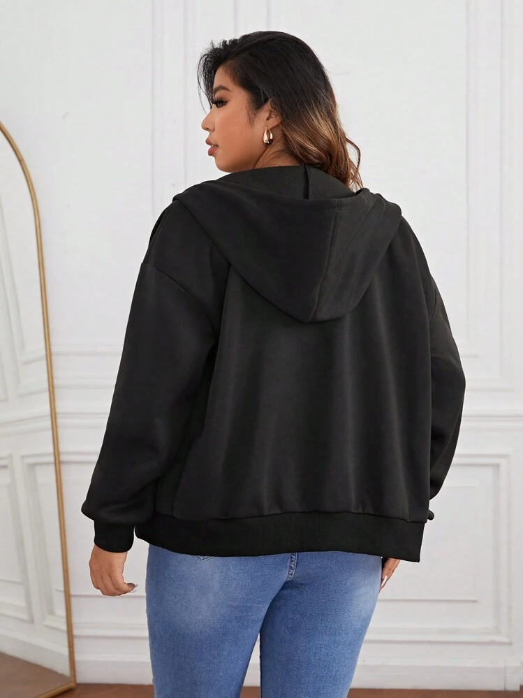 SHEIN Essnce Plus Zip Up Drop Shoulder Drawstring Hooded Jacket In Fall/Winter - Black - View 2