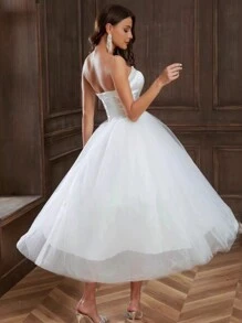 YUMIBRAVO Satin & Tulle Short Wedding Dress,Bride