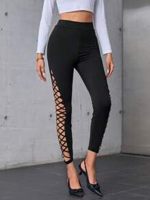 SHEIN Privé Cut Out Criss Cross Leggings - Black - View 6