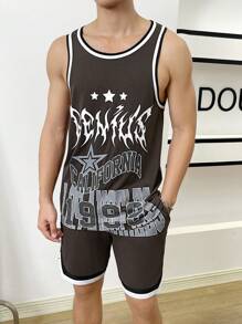 Manfinity VCAY Men Letter Graphic Contrast Trim Tank Top & Shorts - Coffee Brown - View 1