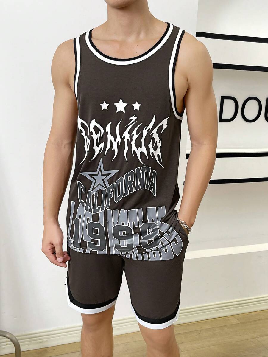 Manfinity VCAY Men Letter Graphic Contrast Trim Tank Top & Shorts - Coffee Brown - View 1