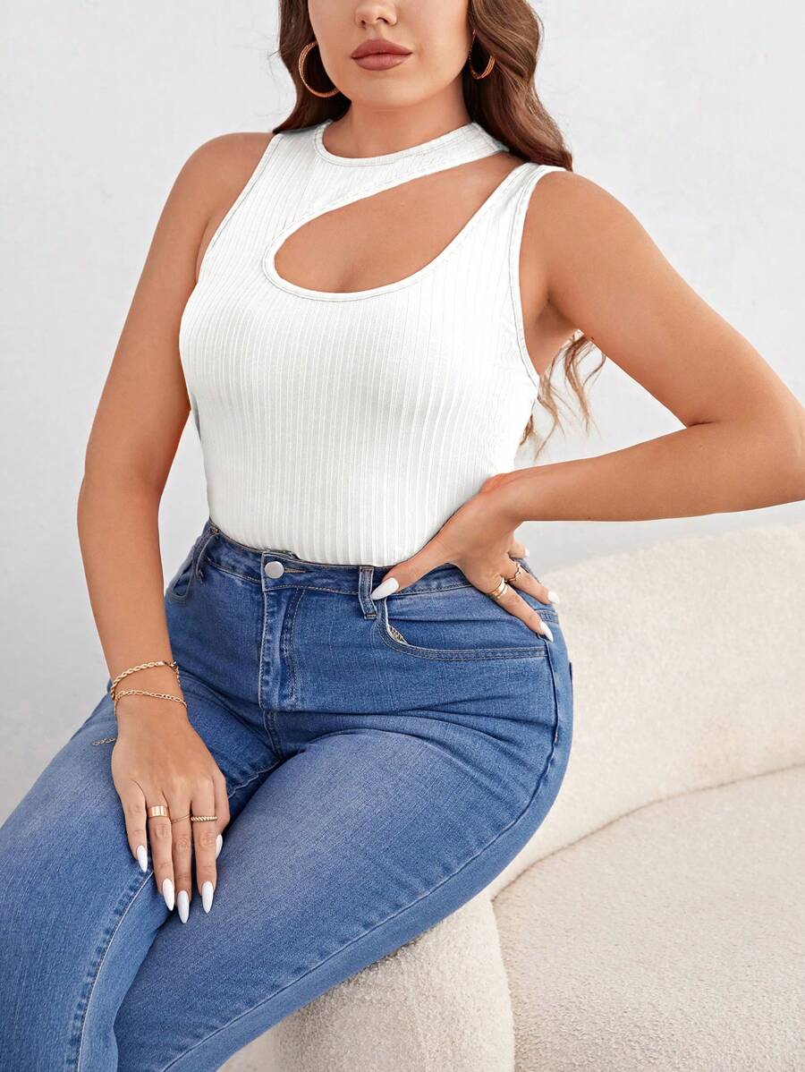 SHEIN Essnce Plus Cut Out Ribbed Knit Top - White - View 1