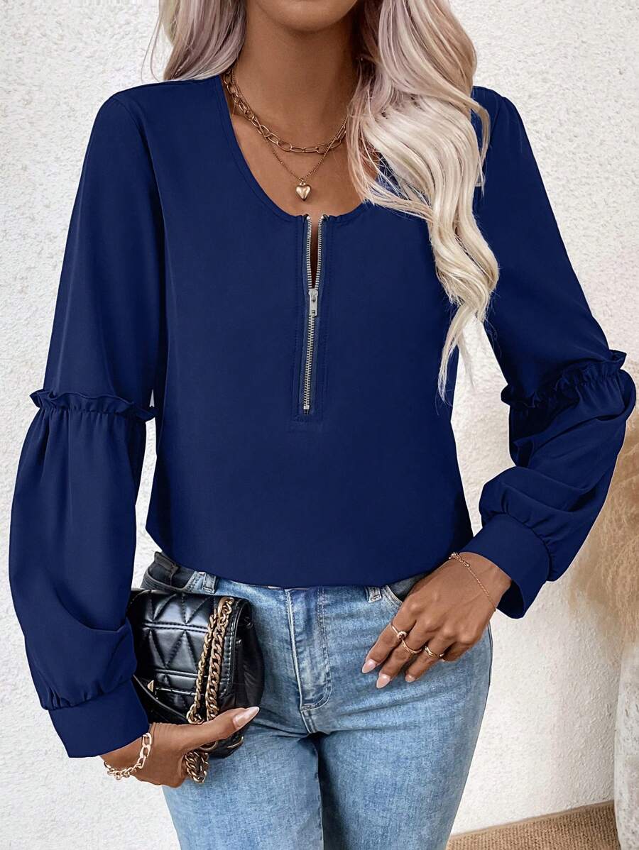 SHEIN LUNE 半拉鏈褶邊燈籠袖襯衫 - 藏蓝色 - 查看 1