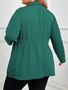 SHEIN Clasi 大碼西裝領前紐扣彈性腰帶外套 - 綠色 - 查看 2