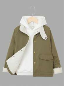 SHEIN Tween Boy Flap Pocket Raglan Sleeve Thermal Lined Coat - Army Green - View 2