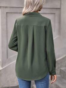 EMERY ROSE Solid Button Front Shirt,Ladies Casual Button Long Sleeve Shirt Collar Regular Fit Regular Green Regular Sleeve Shirt Women Blouses,Spring/Fall ,Professional/Business Attire/Workwear,Long Sleeve Tops - Army Green - View 2