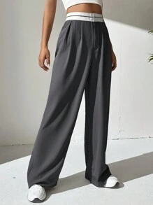 SHEIN EZwear 女士春季時尚百搭灰色高腰寬腿鬆身純色皺褶褲,適用於辦公室ol - 深灰色 - 查看 5