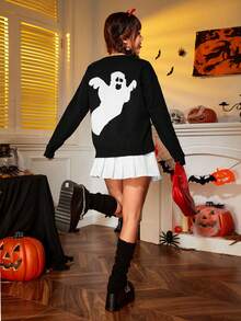 SHEIN Qutie Ma halloween Mẫu Thả vai Áo len - màu đen - Xem 7
