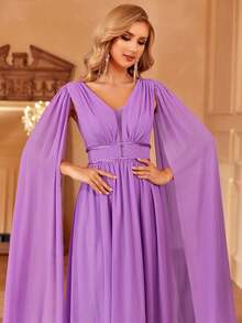Faeriesty Extra-long Sleeve Ruched Chiffon Bridesmaid Dress - Purple - View 4