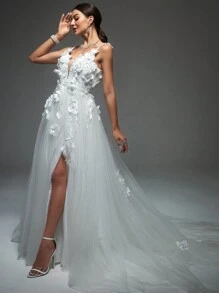 Đồ trang trí hoa Không lưng Lưới Váy dự tiệc - Màu be - Xem 2