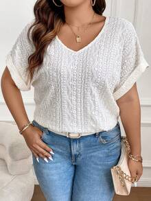 SHEIN Franclia Hơn Lỗ gắn thêu tay cánh Áo thun - Màu be - Xem 2