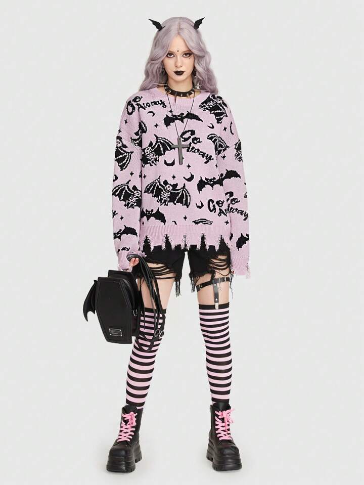 Our Goth Bat Pattern Drop Shoulder Distressed Sweater is such a