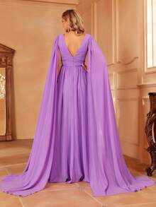 Faeriesty Extra-long Sleeve Ruched Chiffon Bridesmaid Dress - Purple - View 3