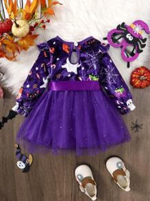 女嬰萬聖印花網紗拼接前蝴蝶結洋裝 - 紫羅蘭色 - 查看 2