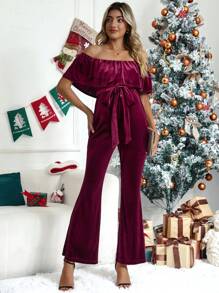 SHEIN Maternity Off Shoulder Ruffle Trim Belted Flare Leg Velvet Jumpsuit - Burgundy - View 4