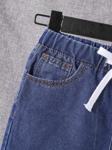 SHEIN Tween Boy Ripped Raw Hem Denim Shorts - Dark Wash - View 3