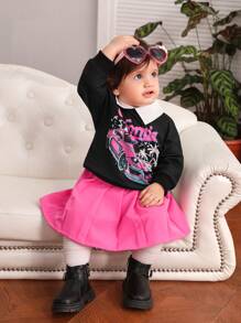 Baby Girl Car & Letter Graphic Contrast Collar Tee & Pleated Skirt - Multicolor - View 4