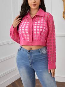 SHEIN Privé Talla grande Cazadora crop transparente - Rosa Fucsia - Ver 4