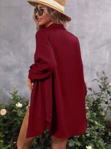 SHEIN LUNE Solid Drop Shoulder Button Front Shirt Fall Cloth For Women - Burgundy - View 2