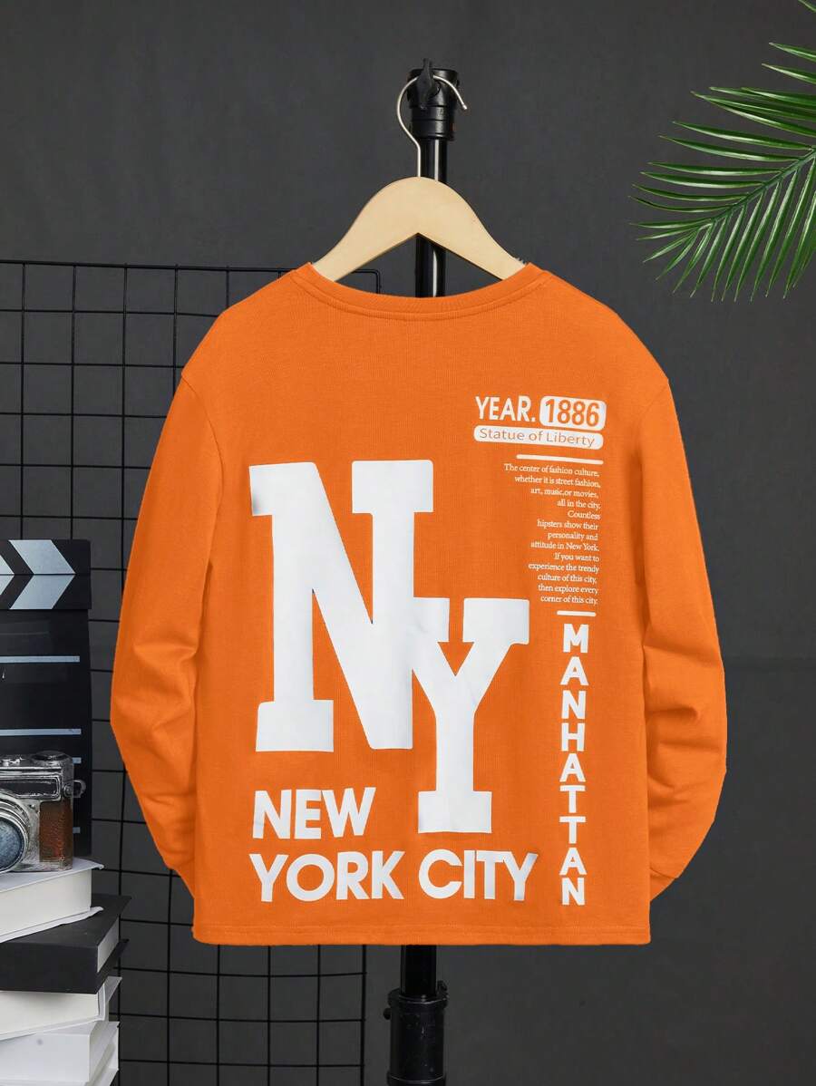 SHEIN Leap Crew Tween Boy Orange Round Neck Knitted Tee , Hip Hop Style With Letter Print - Orange - View 1