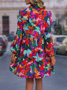 SHEIN LUNE Allover Leaf Print Lantern Sleeve Ruffle Hem Smock Dress - Multicolor - View 2