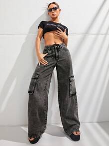 SHEIN ICON 側翻蓋口袋工裝牛仔褲 - 黑色 - 查看 5