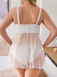 RueChic Plus Contrast Lace Mesh Slips With Thong - White - View 2