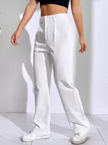 SHEIN EZwear Quần ống đứng cạp cao trơn - trắng - Xem 4