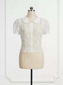 SHEIN DECDS 心提花泡泡袖襯衫 - 白色 - 查看 1