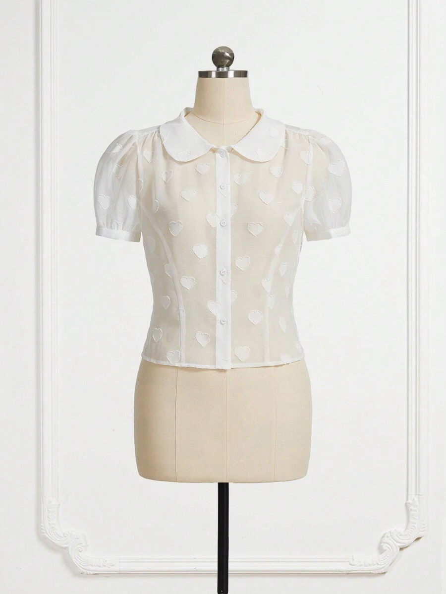 SHEIN DECDS 心提花泡泡袖襯衫 - 白色 - 查看 1