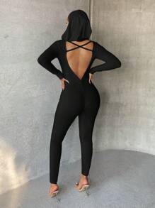 SHEIN SXY 素色交叉露背連帽彈力緊身連體褲 - 黑色 - 查看 4