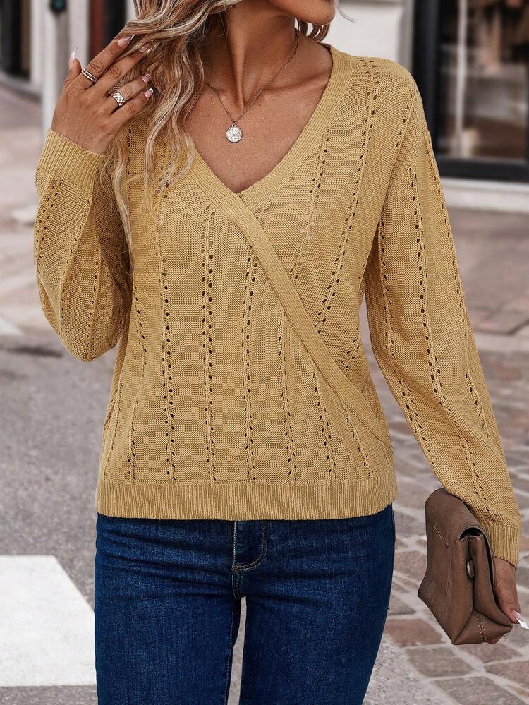 Solid Pointelle Knit Surplice Neck Knit Pullover Fall Winter Sweater