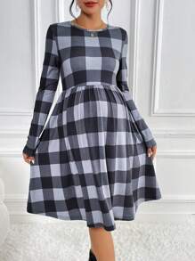 SHEIN Thai sản In kẻ sọc Buffalo Váy chữ A - Nhiều màu - Xem 1