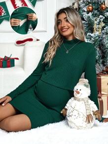 SHEIN Maternity 1pc Mock Neck Ribbed Knit Bodycon Dress - Green - View 6