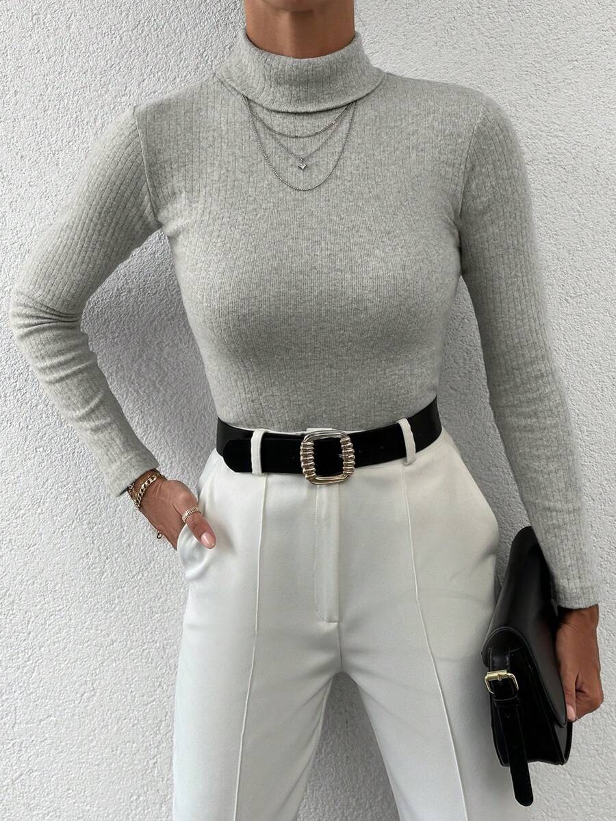 EURMUSE Turtleneck Ribbed Knit Sweater - Light Grey - View 1